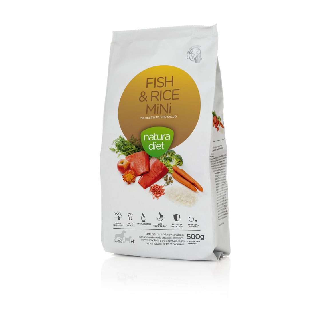 Pienso Hipoalergénico para perros adultos de razas pequeñas o minis Natura Diet Fish & Rice Mini sabor salmón