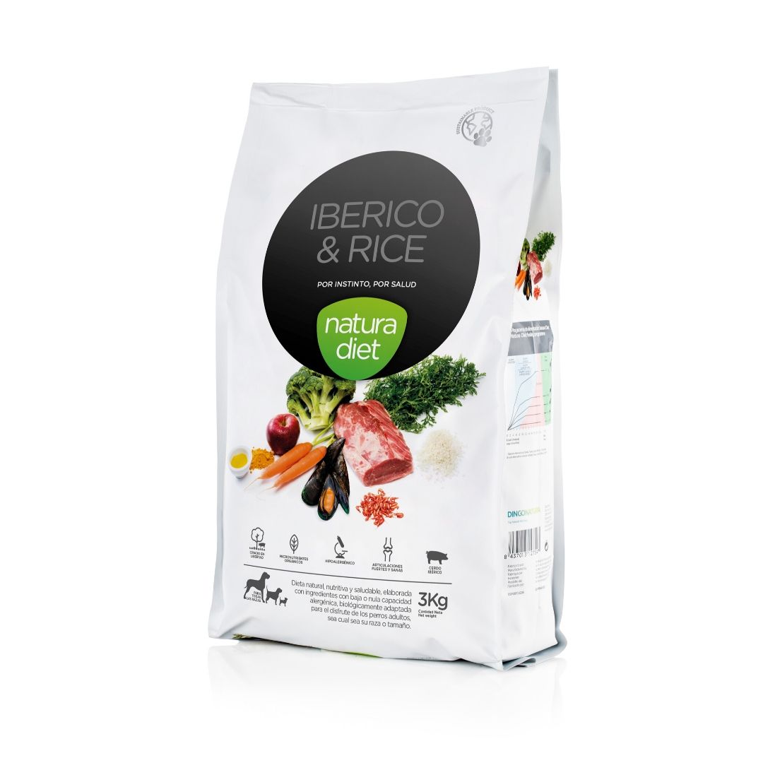 Pienso hipoalergénico para perros intolerantes o alérgicos Natura Diet Iberico & Rice formulado con cerdo iberico
