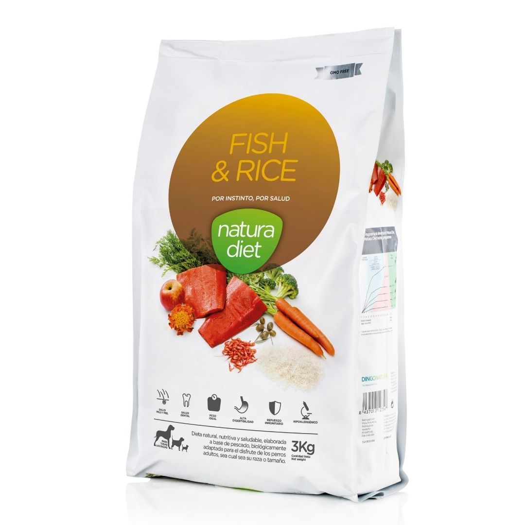 Pienso hipoalergénico para perros Natura Diet Fish & Rice formulado con salmón