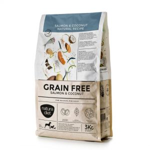 Pienso sin cereales para perros de todas las razas con intolerancias o alergias de alimentación Natura Diet Salmón & Coconut