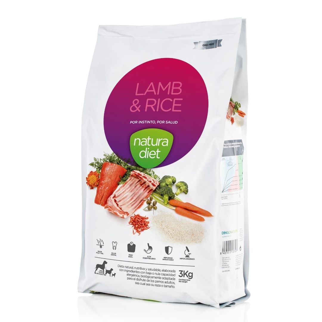 Pienso hipoalergénico para perros intolerantes o alérgicos Natura Diet Lamb & Rice formulado con Cordero y arroz