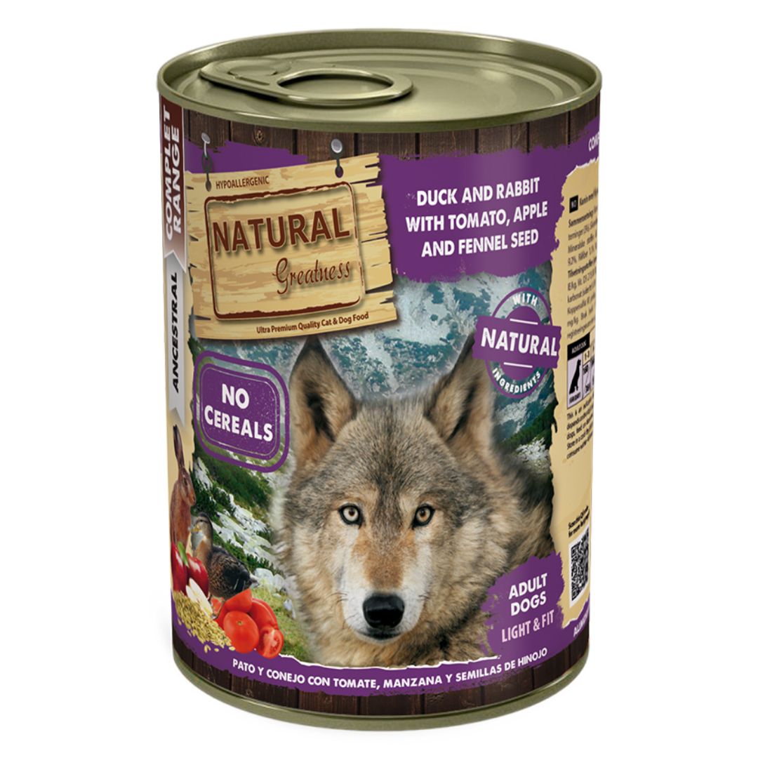 Comida húmeda para perros pato con conejo tomate manzana e hinojo natural greatness