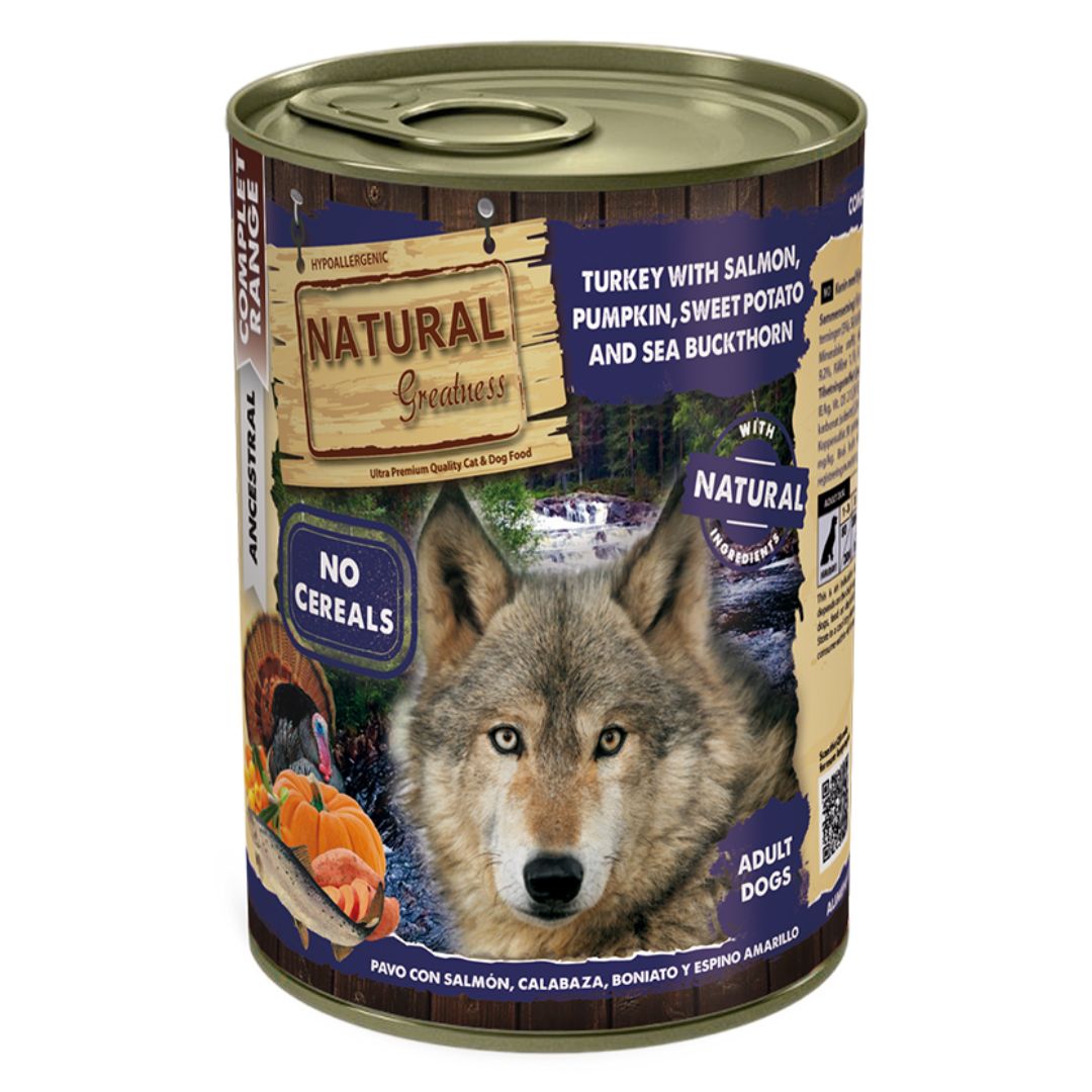 Comida húmeda para perros pavo con salmón y calabaza natural greatness