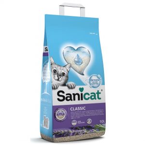 Arena para gatos sanicat classic perfumada con lavanda absorbente no aglomerante