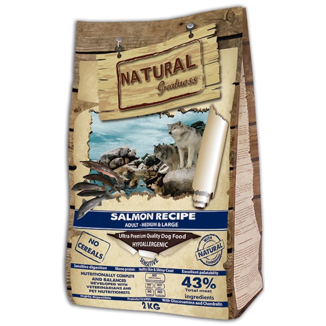Pienso para perros adultos de razas medianas y grandes Hipoalergénico Natural Greatness Salmón Recipe Adult Medium Large sabor salmón
