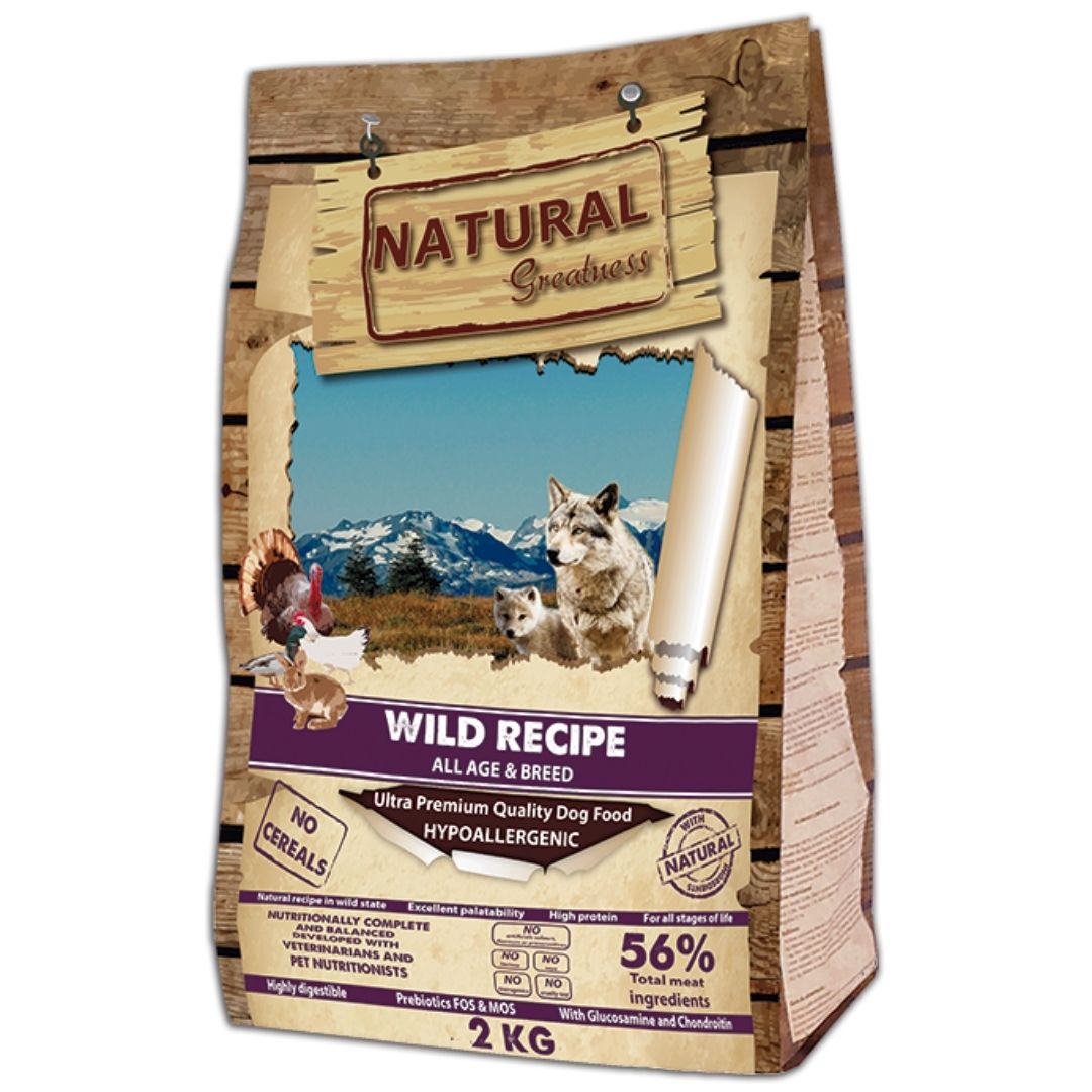 Pienso para perros adultos y cachorros de todas las razas Natural Greatness Wild Recipe Hipoalergénico multiproteinas