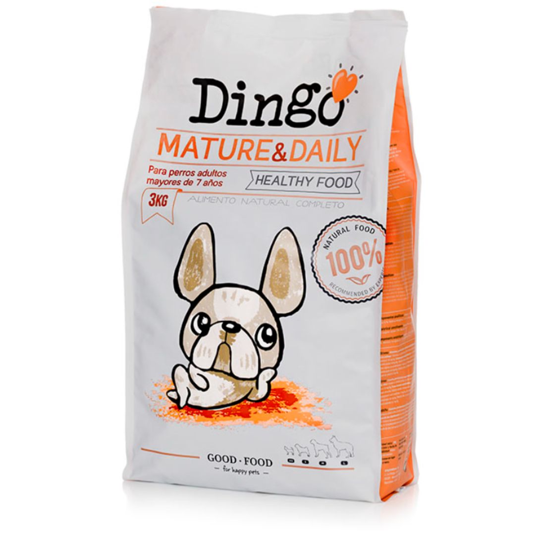 Pienso natural para perros senior de edad avanzada ancianos Dingo Mature & Daily también para perros con tendencia a engordar o con obesidad