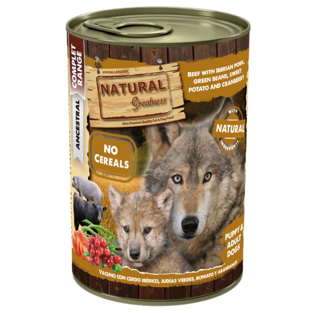 Comida húmeda para perros adultos y cachorros de vacuno con cerdo ibérico Natural Greatness