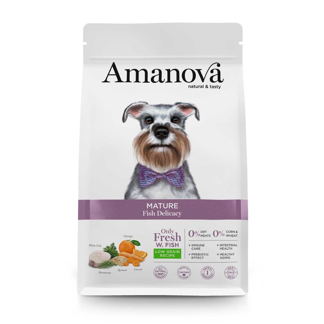 Pienso para perros mayores senior mature Amanova mature fish delicacy pescado blanco hipoalergénico