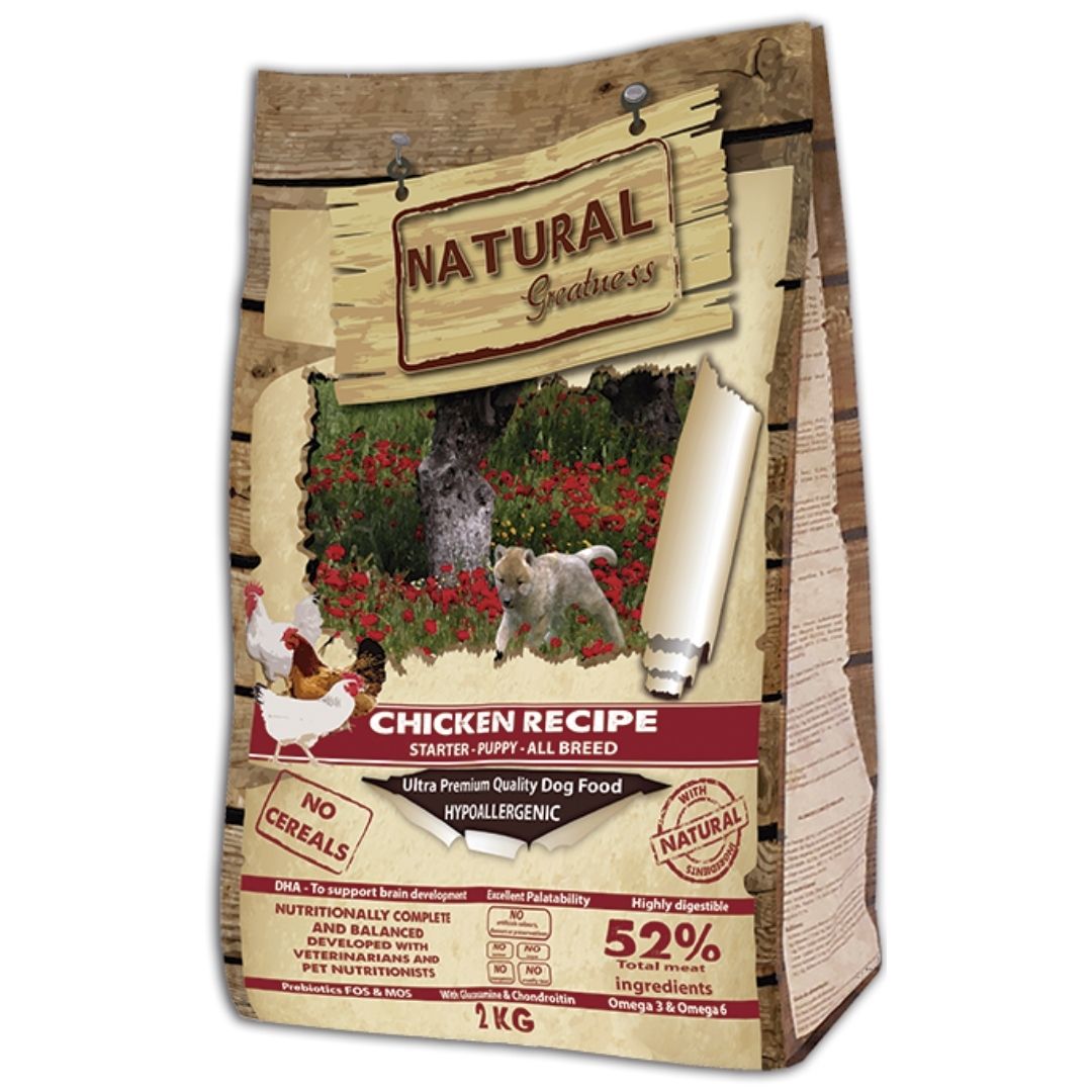 chicken-recipe-starter-puppy-all-breed-2k-natural-greatness Natural Greatness Starter Puppy Chicken Recipe para todas las razas de perro cachorros hembras gestantes o lactantes hipoalergénico también perros adultos de raza mini