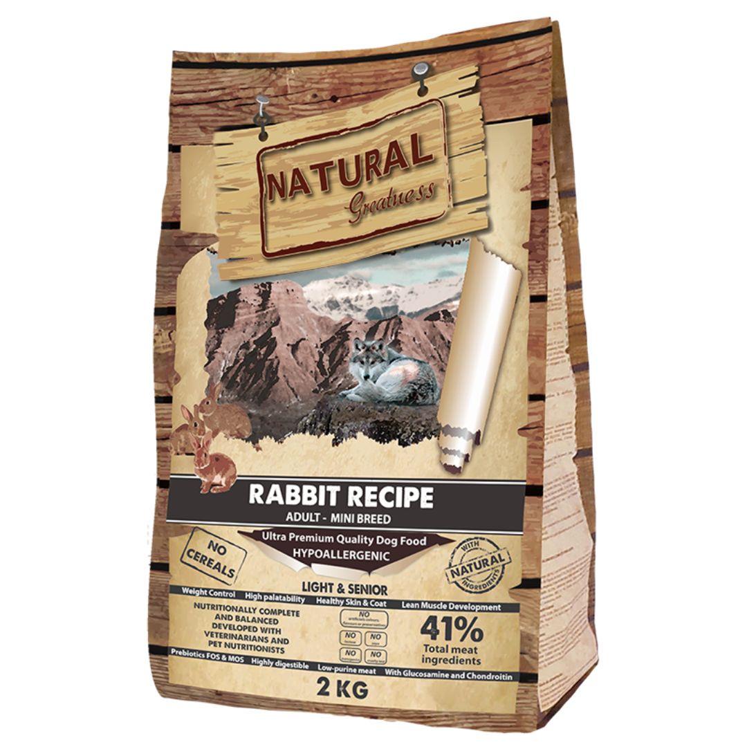 Pienso natural hipoalergénico para perros adultos senior u obesos Natural Greatness Rabbit Recipe Mini