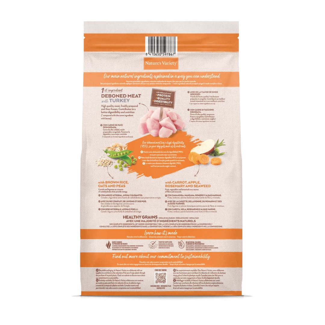 pienso para perros adultos de razas medianas y grandes sabor Pavo Nature's Variety dog Medium Maxi Adult Healthy Grains Turkey con cereales saludables información nutricional