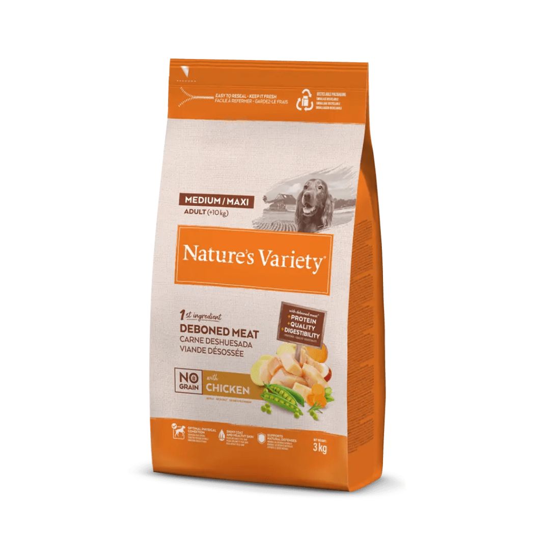 natures-var-adult-med-max-chicken-nograin-3kg pienso para perros adultos de raza medianas y grandes sabor pollo de corral deshuesado Nature's Variety Dog Adult Medium Maxi Free Range Chicken No Grain 3kg