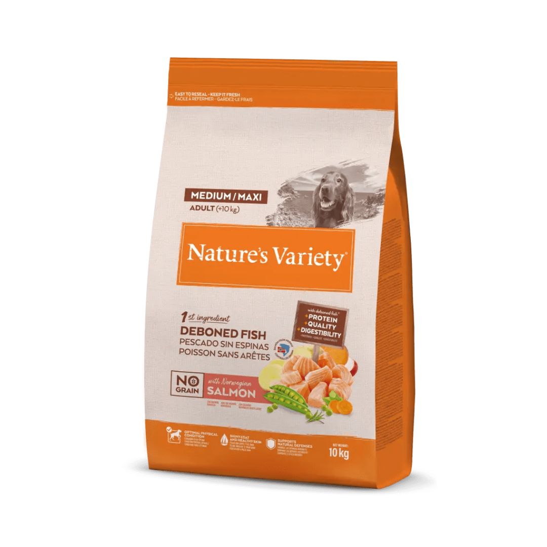 pienso para perros adultos de raza medianas o grandes sabor salmón noruego sin espinas Nature's Variety dog Adult Medium Maxi Salmón No Grains 10kg