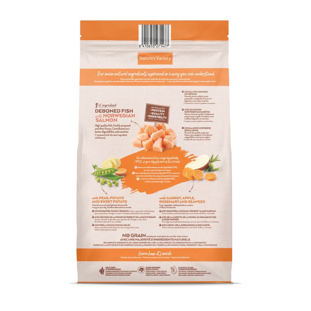 pienso para perros adultos de raza medianas o grandes sabor salmón noruego sin espinas Nature's Variety dog Adult Medium Maxi Salmón No Grains información nutricional