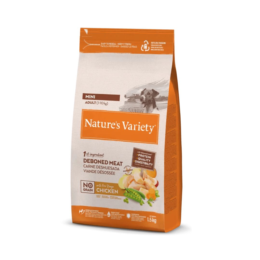 pienso para perros adultos de raza mini sabor pollo de corral deshuesado Nature's Variety dog Mini Adult No Grain Free Range Chicken 1.5kg