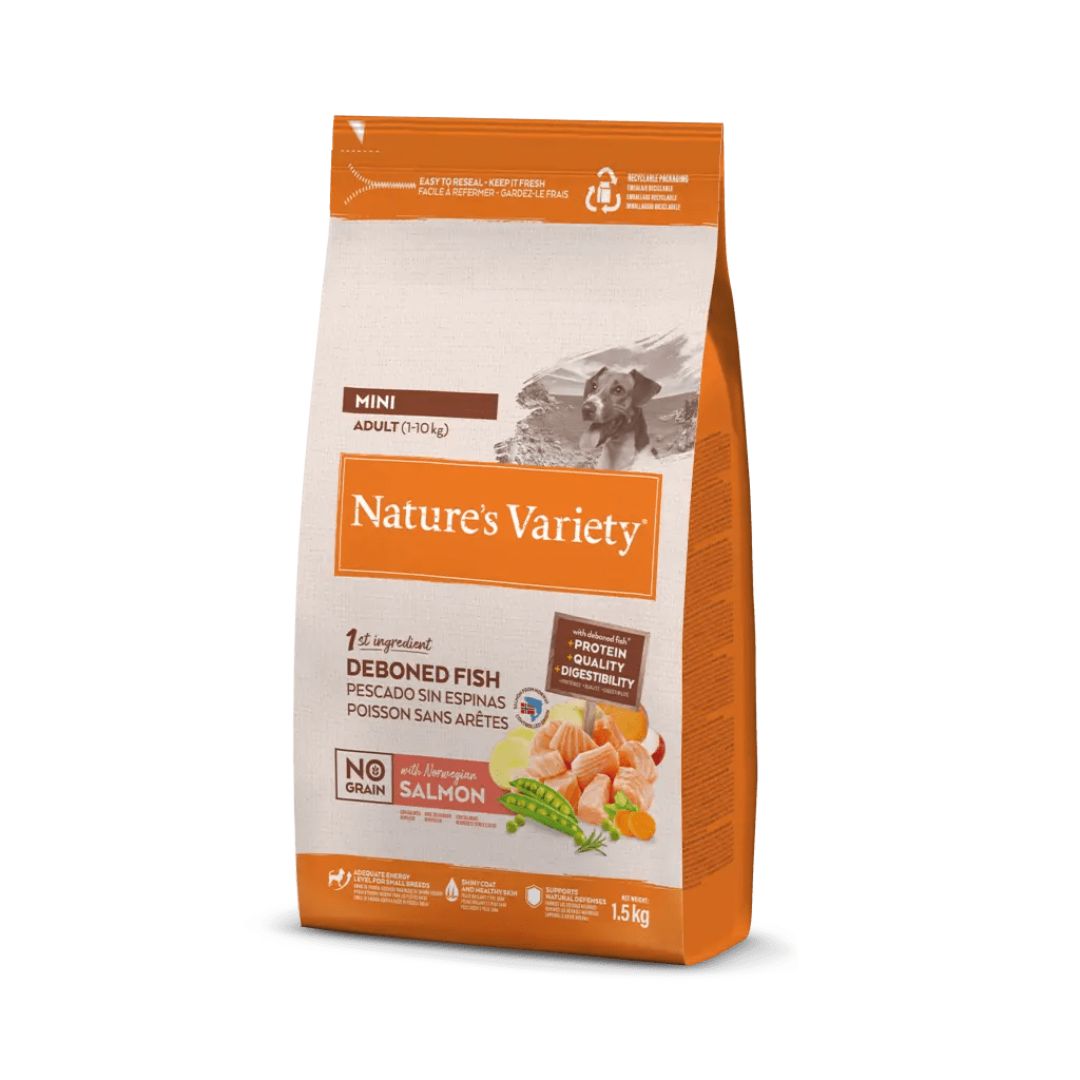 pienso para perros adultos de raza mini sabor salmón noruego sin espinas Nature's Variety dog Mini Adult No Grain Salmón1.5kg