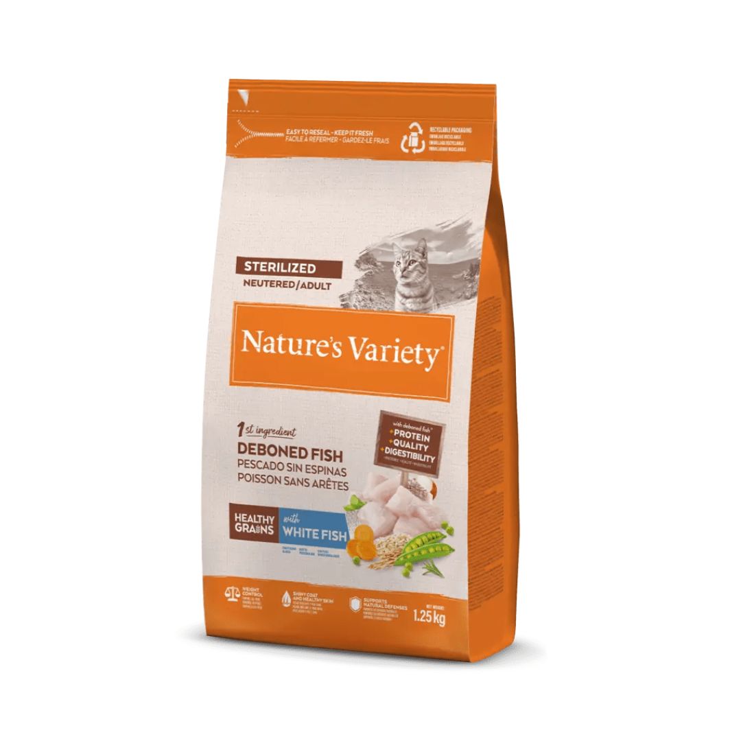 Pienso para gatos adultos esterilizados Nature's Variety Adult Sterilized Neutered Pescado Blanco Sin Espinas Healthy Grains 1.25 kg