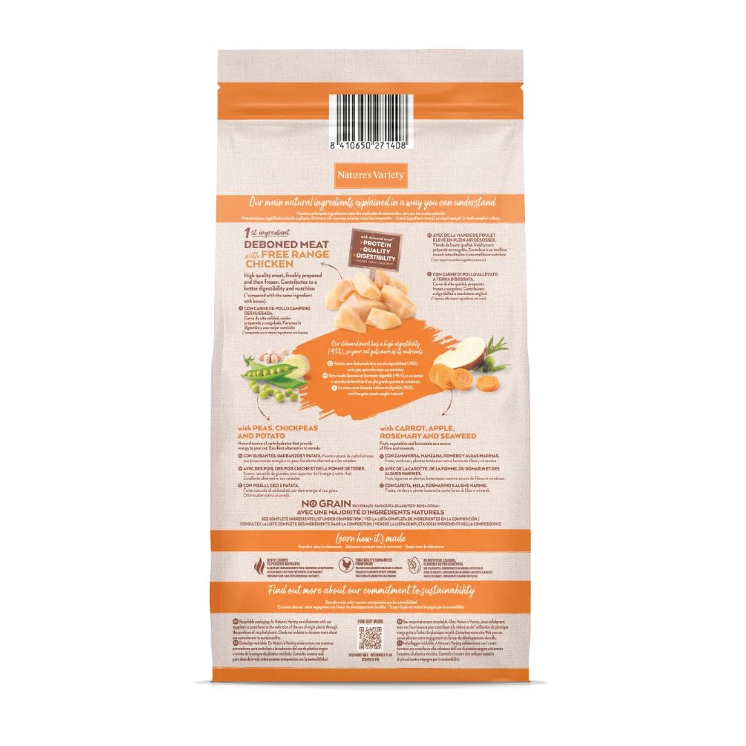 Pienso para gatos, gatitos cachorros y hembras gestantes o lactantes Nature's Variety Kitten Free Range Chicken No Grain información nutricional