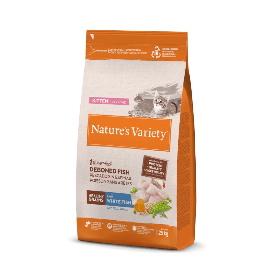 Pienso para gatos, gatitos cachorros y hembras gestantes o lactantes Nature's Variety Kitten White Fish Healthy Grains con pescado blanco sin espinas 1.25kg