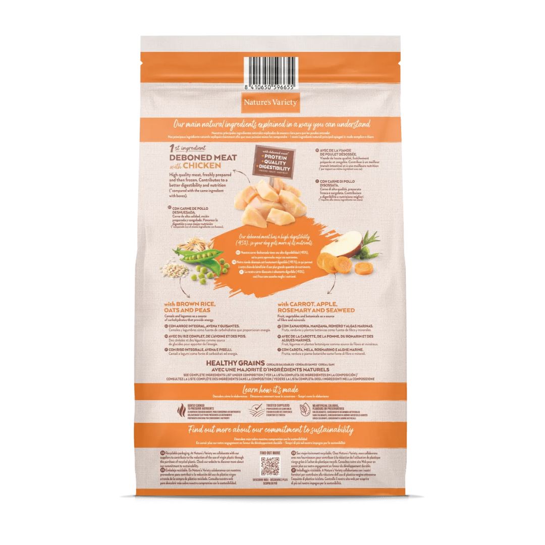pienso para perros cachorros de razas medianas y grandes sabor pollo Nature's Variety dog Medium Maxi Puppy Healthy Grains Chicken información nutricional