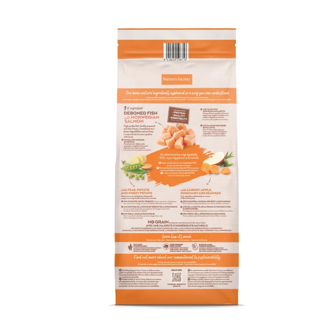 pienso para perros cachorros de raza medianas o grandes sabor salmón Nature's Variety dog Medium Maxi Puppy Salmón No Grains información nutricional