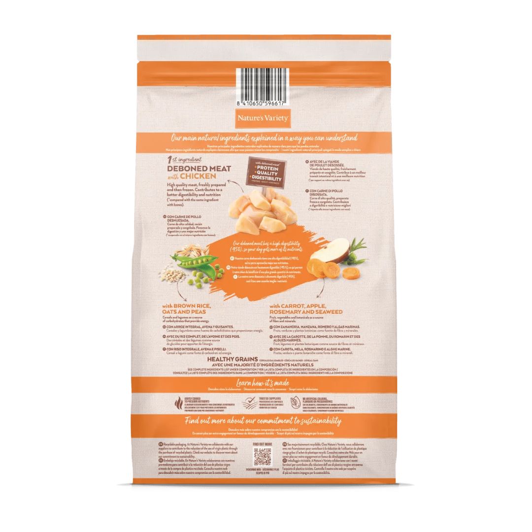 pienso para perros cachorros de raza mini sabor pollo Nature's Variety dog Mini Puppy Healthy Grains Chicken información componentes