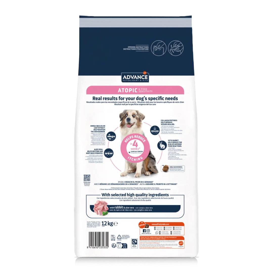 Pienso para perros de raza mediana o grande adultos con problemas dermatológicos picores dermatitis o caida de pelo Advance Veterinary Diets Atopic Rabbit Canine información nutricional