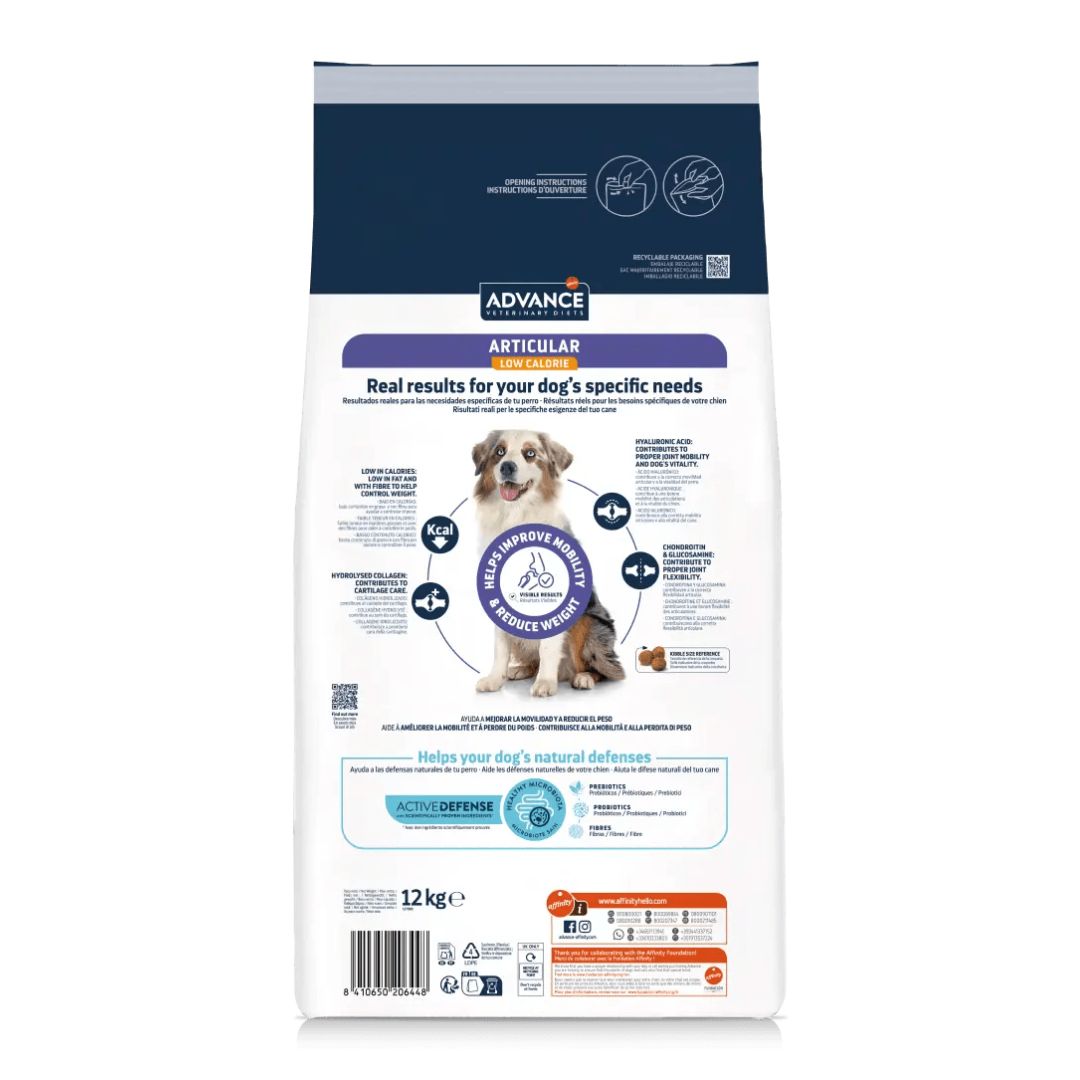 Pienso para perros de raza pequeña mediana o grande adultos con problemas articulares y exceso de peso Advance Veterinary Diets Articular Low Calorie Canine información nutricional