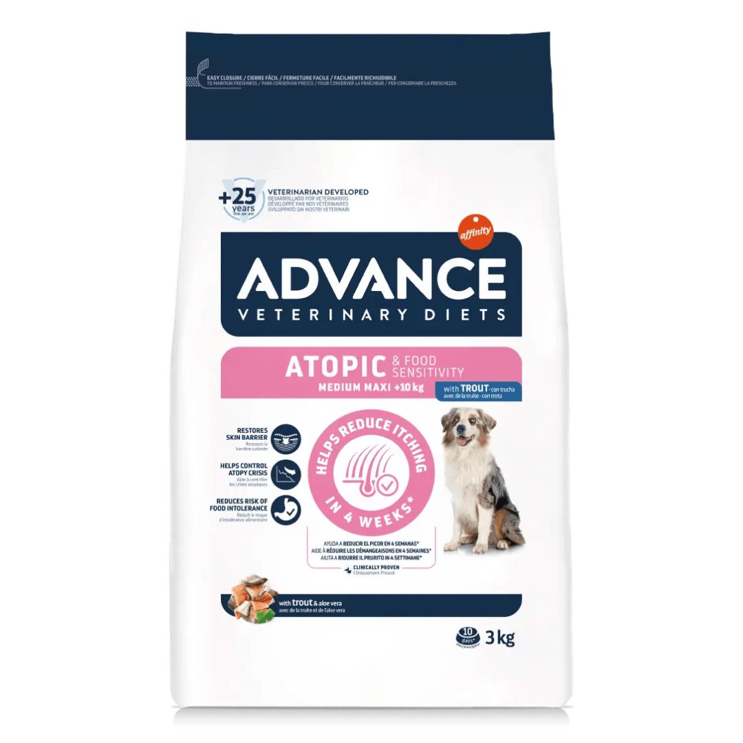 Pienso para perros de raza mediana o grande adultos con problemas dermatológicos picores dermatitis Advance Veterinary Diets Atopic Trout Medium Maxi Canine 3kg