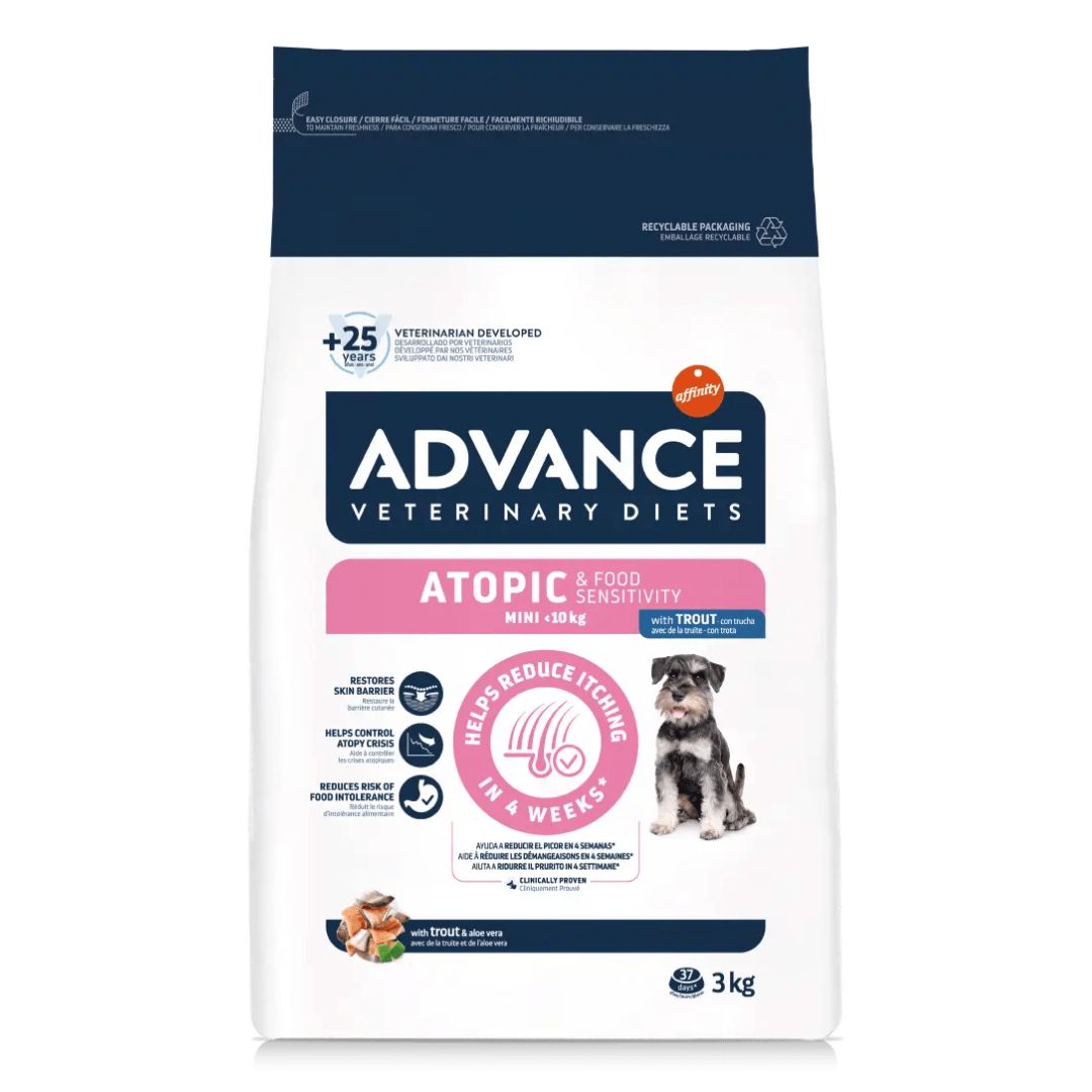 Pienso para perros pequeños o minis adultos y cachorros con problemas dermatológicos picores dermatitis Advance Veterinary Diets Atopic Mini Canine 1.5kg