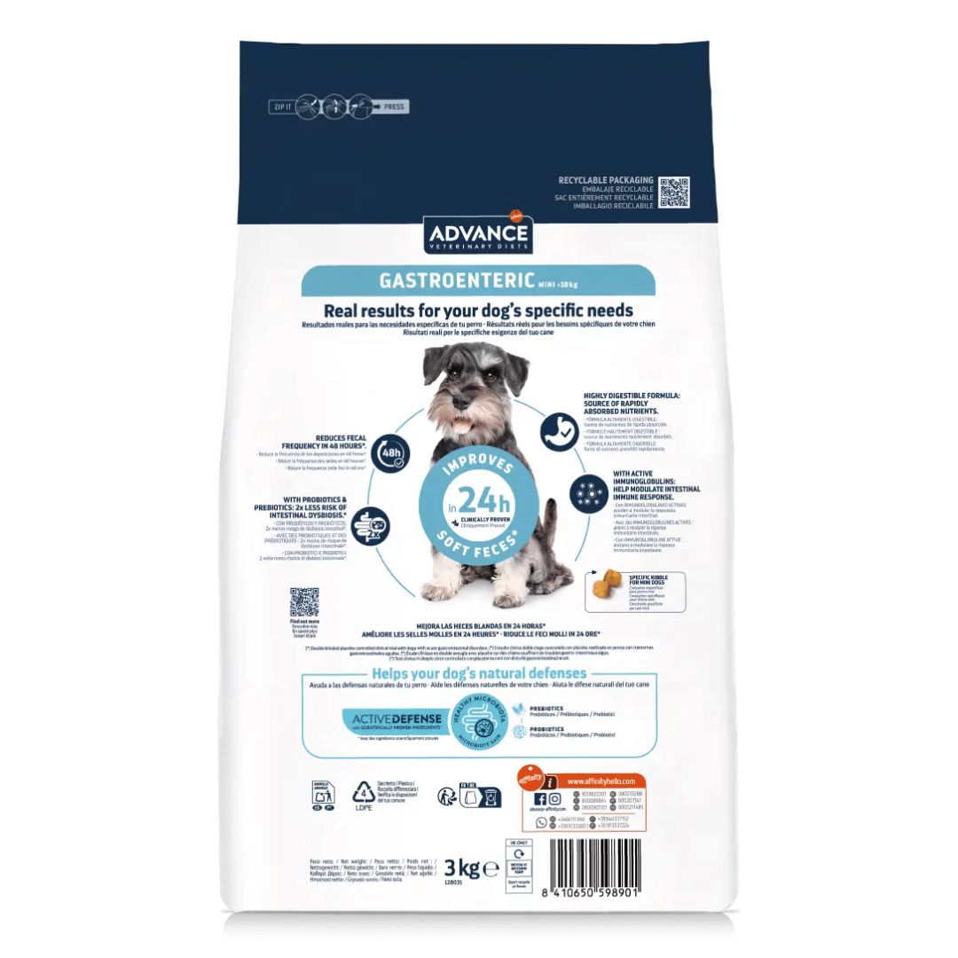 Pienso para perros pequeños o minis adultos y cachorros con problemas gastrointestinales, diarreas, vomitos Advance Veterinary Diets Gastroenteric Mini Canine información nutricional