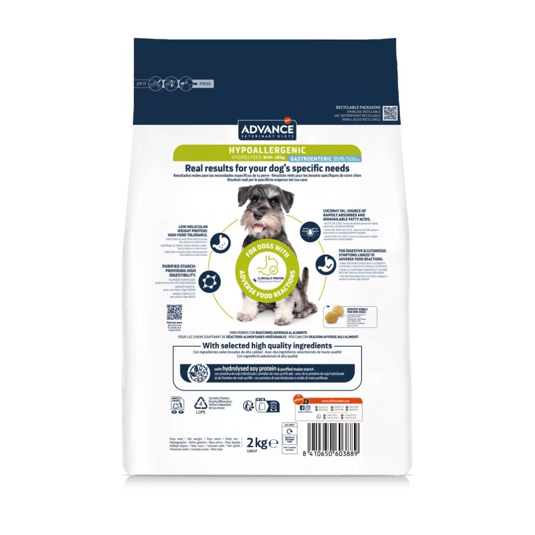 Pienso para perros de razas pequeñas o minis con intolerancias o alergias de alimentación Advance Veterinary Diets Hipoallergenic Mini información nutricional