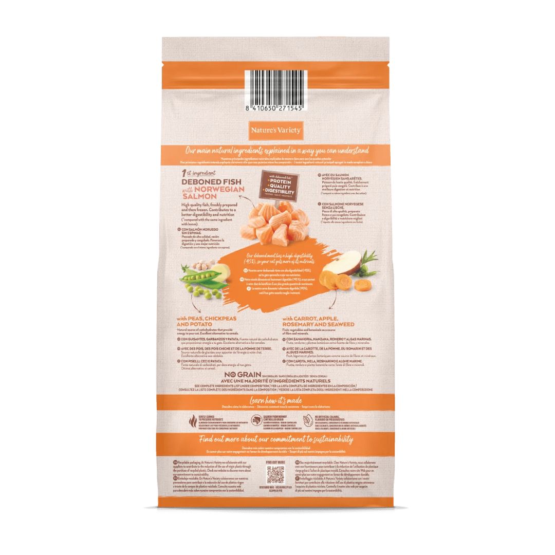 Pienso para gatos adultos Nature's Variety Adult Salmón Noruego No Grain información nutricional pienso Sin Cereales con salmón noruego sin espinas