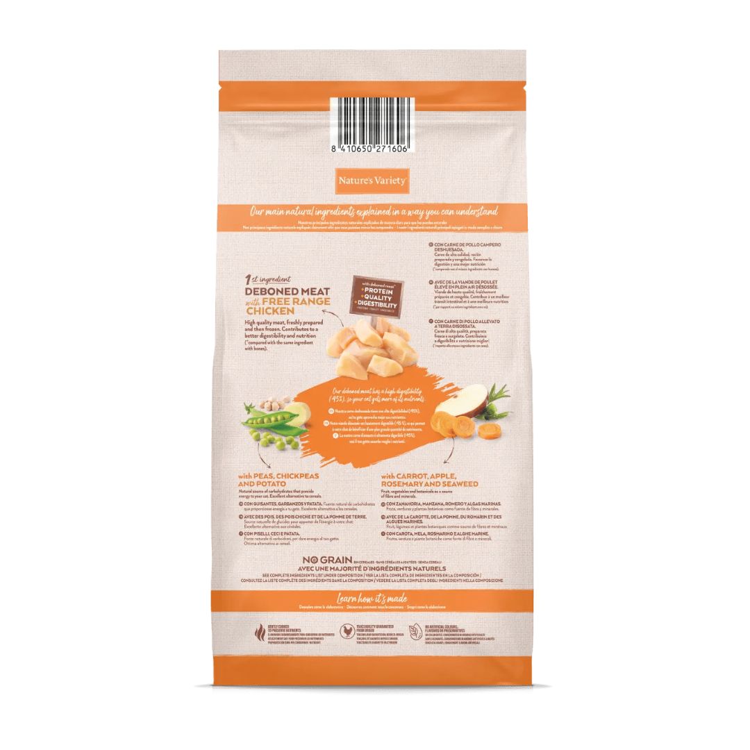 Pienso para gatos adultos esterilizados Nature's Variety Adult Sterilized Neutered Free Range Chicken No Grain información nutricional pienso Sin Cereales con pollo de corral
