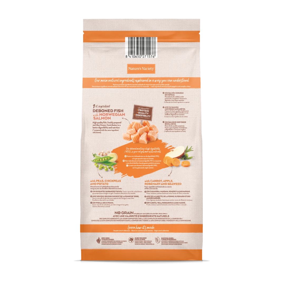 Pienso para gatos adultos esterilizados Nature's Variety Adult Sterilized Neutered Salmón Noruego No Grain información nutricional pienso Sin Cereales con salmón noruego sin espinas