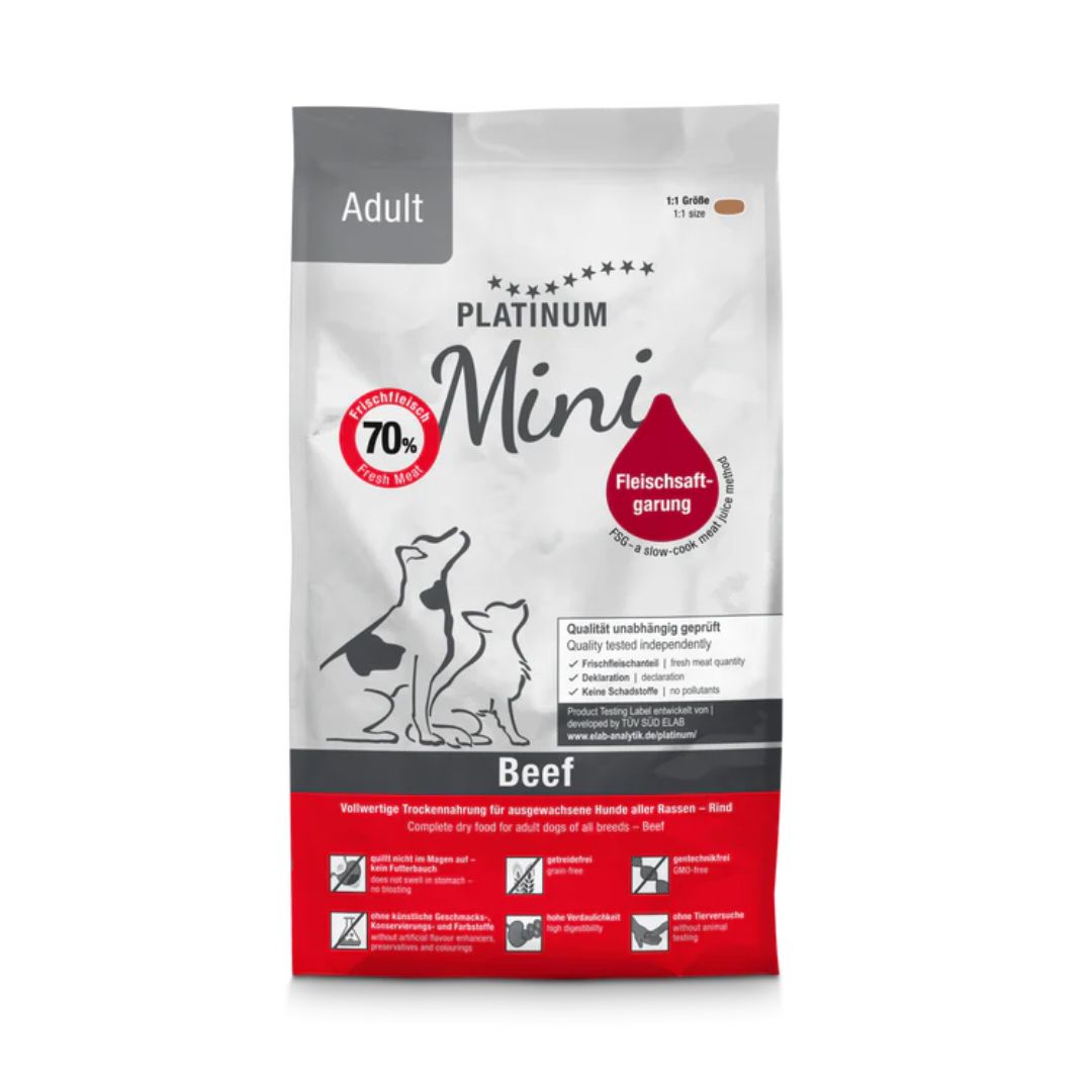 Pienso semihúmedo para perros adultos Platinum Adult Mini Beef inspirado en la dieta BARF