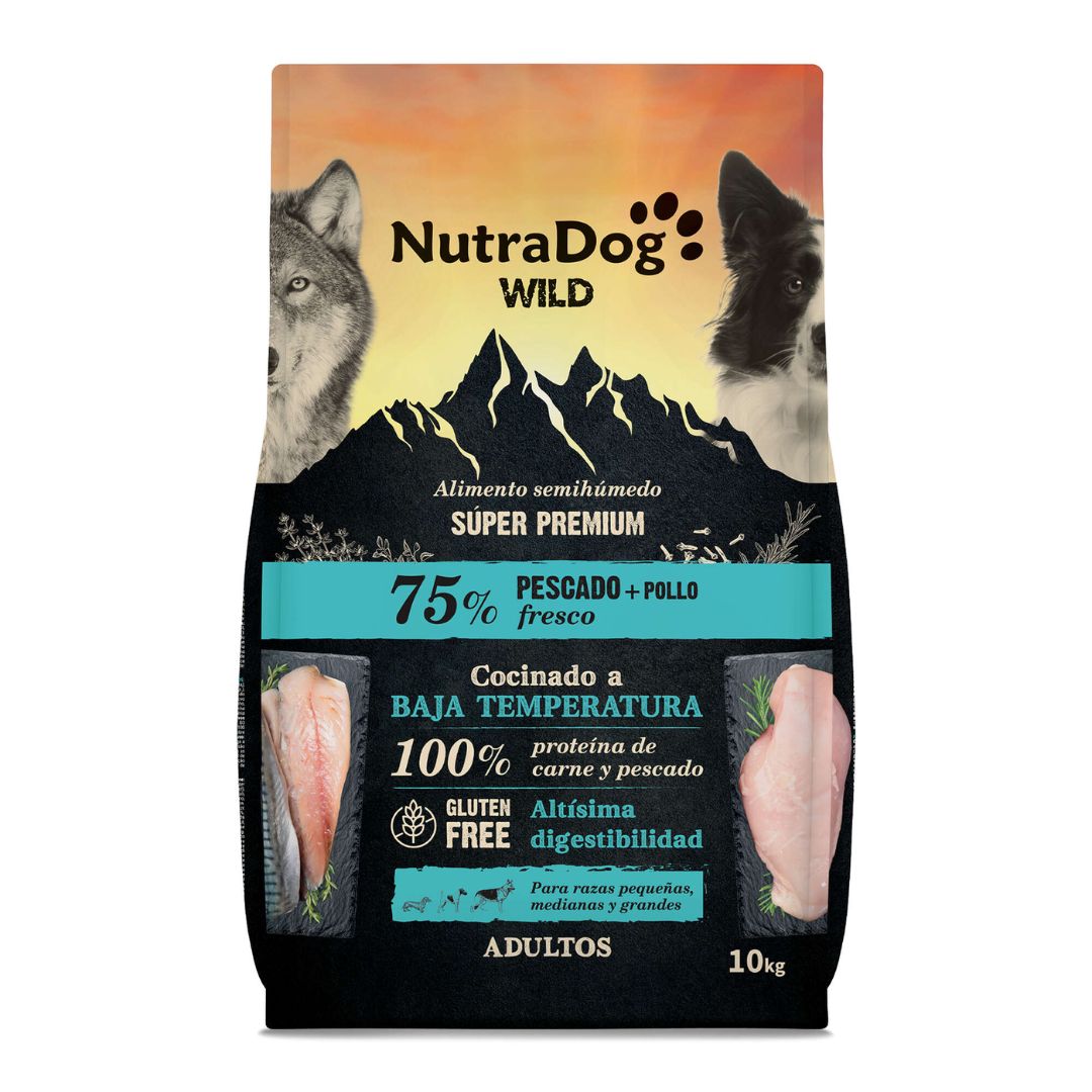 Pienso semihúmedo para perros adultos NutraDog Wild Pescado y Pollo 10kg