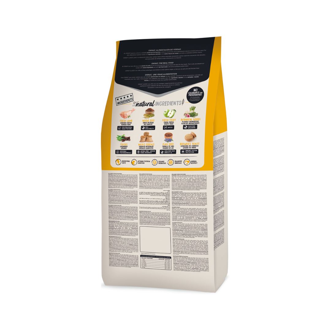 Pienso para perros adultos Ownat Classic Lamb & Rice con carne fresca e ingredientes naturales y funcionales