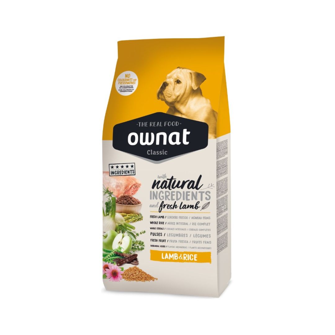 Pienso para perros adultos Ownat Classic Lamb & Rice con carne fresca e ingredientes naturales
