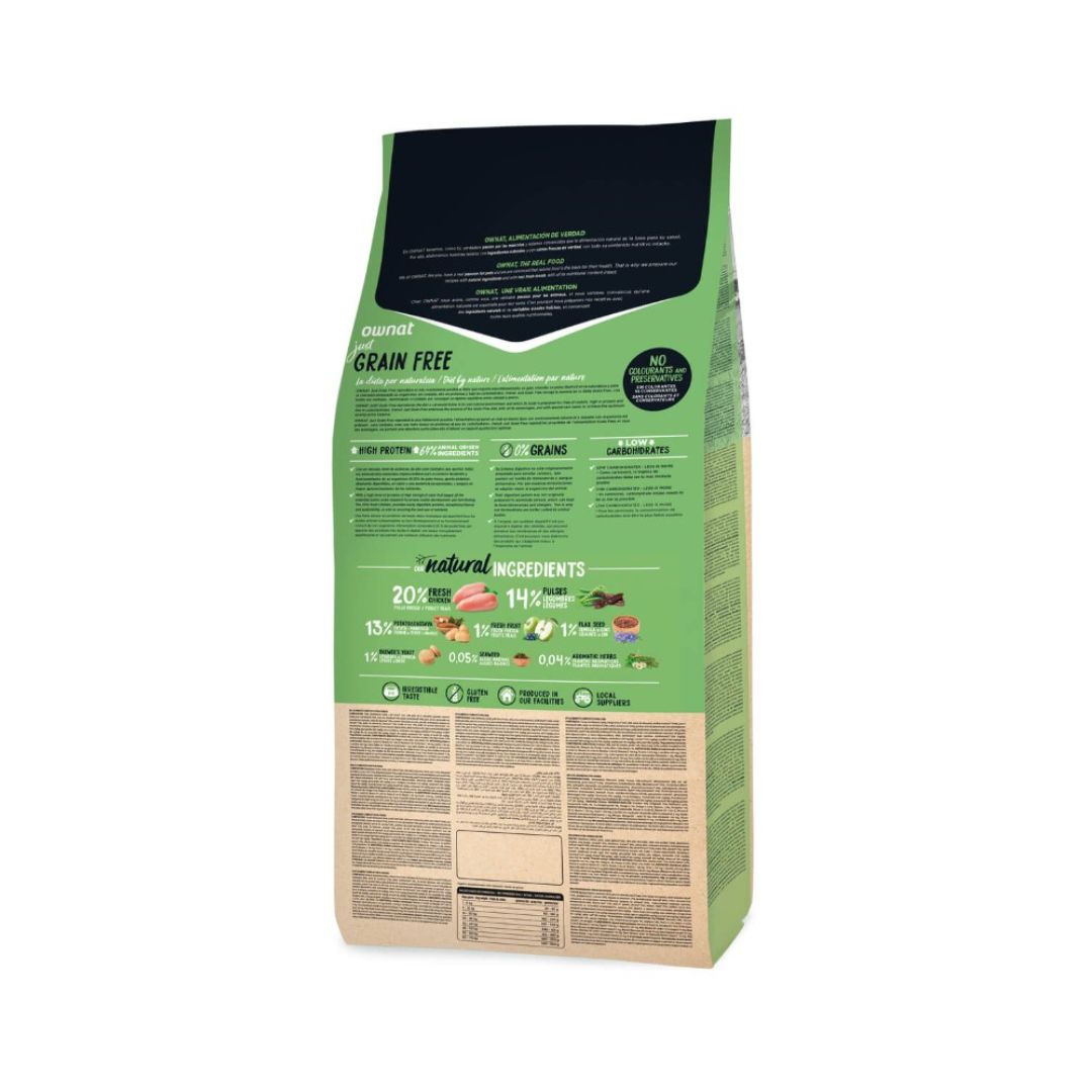 Pienso sin cereales para perros adultos con sobrepeso, poca actividad o esterilizados Ownat Grain Free JUST Light Natural Chicken