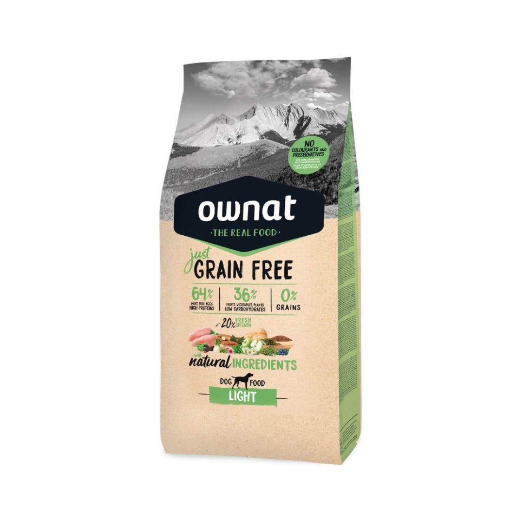 Pienso sin cereales para perros adultos con sobrepeso, poca actividad o esterilizados Ownat Grain Free JUST Light