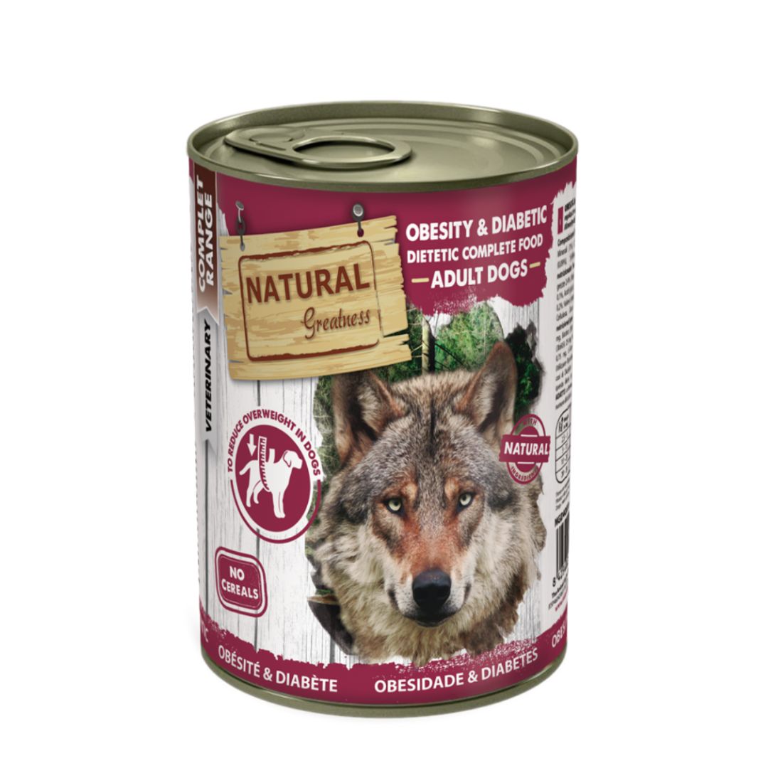 alimento húmedo completo hipoalergénico y sin cereales formulado para perros júnior y perros adultos de todas las razas con sobrepeso u obesidad, con diabetes mellitus, colitis, estreñimiento o hiperlipidemia asociada al sobrepeso Natural Greatness Obesity