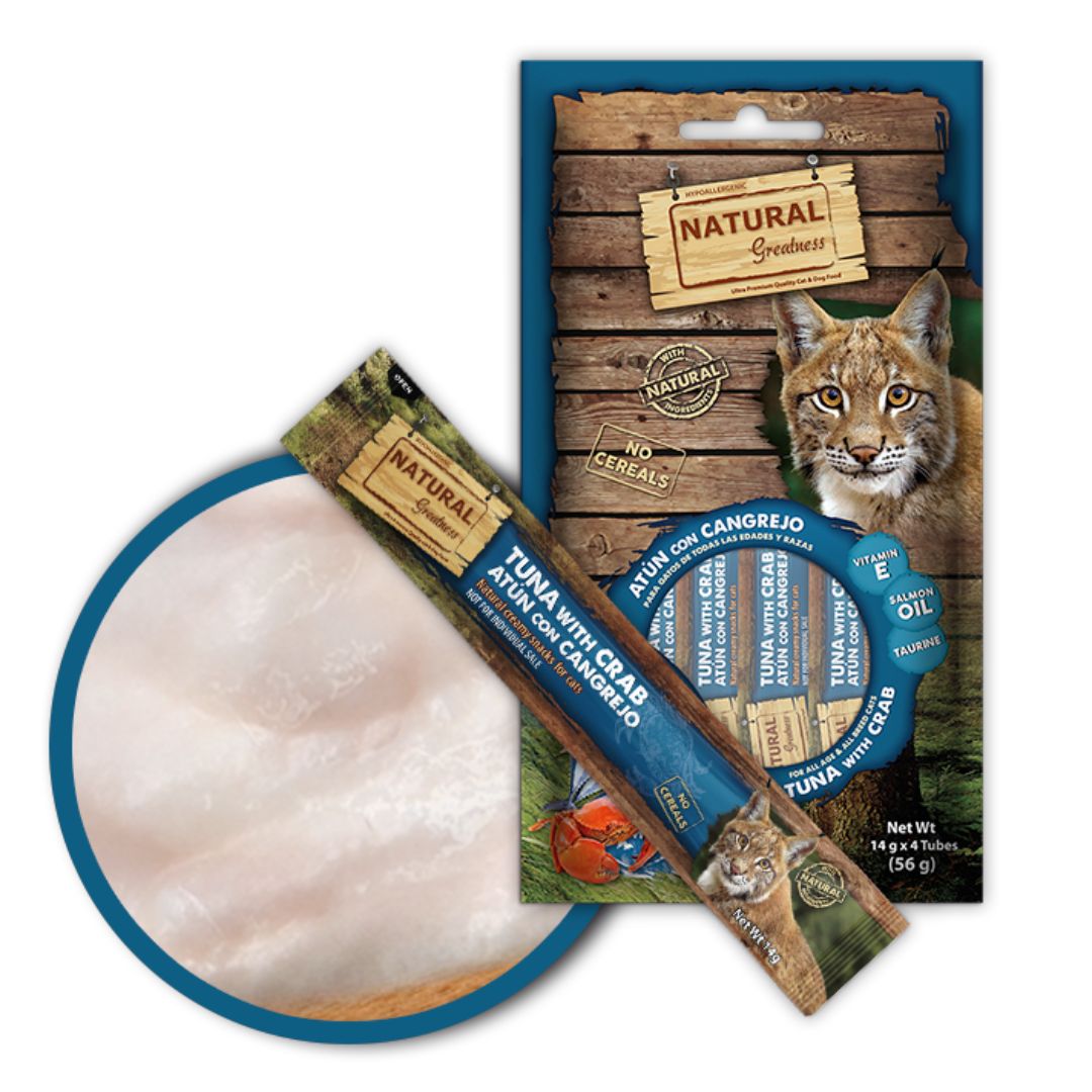 Deliciosas cremas de sabor Atún con Cangrejo para gatos Natural Greatness Snack Cremoso 56 g 4 unidades de 14 g