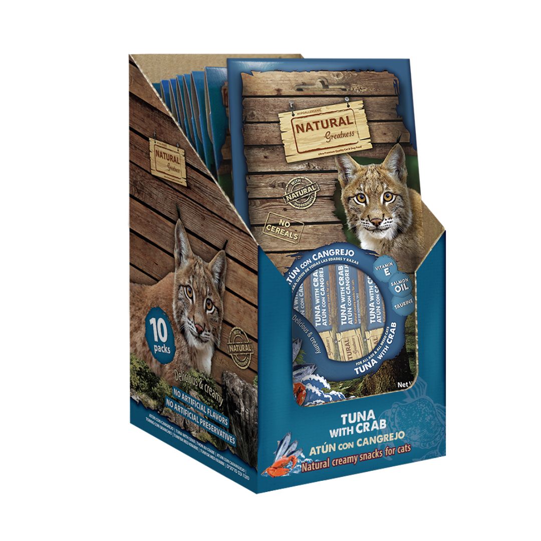 Deliciosas cremas de sabor Atún con Cangrejo para gatos Natural Greatness Snack Cremoso caja de 10 unid de 56 g
