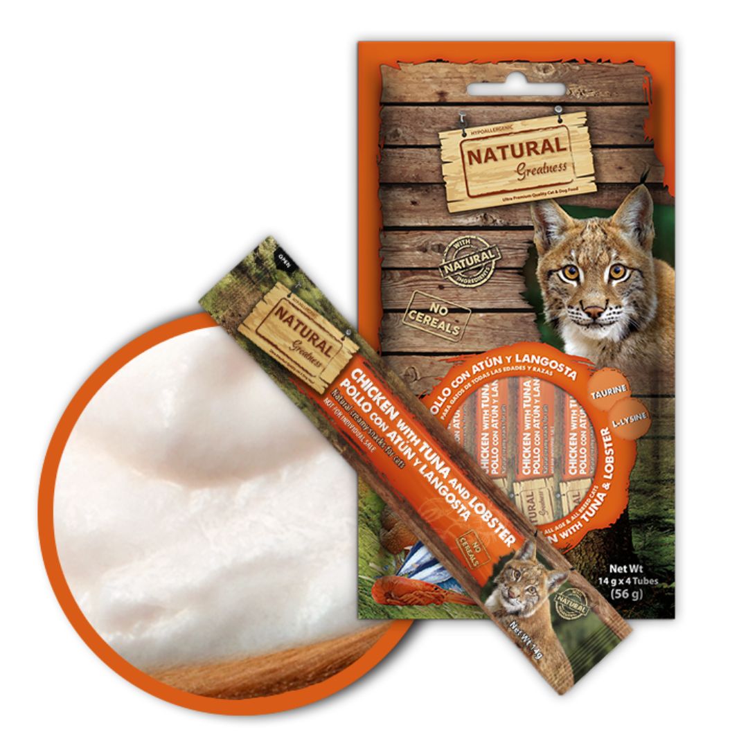 Deliciosas cremas de sabor Pollo con Atún y Calabaza para gatos Natural Greatness Snack Cremoso 56 g 4 unidades de 14 g