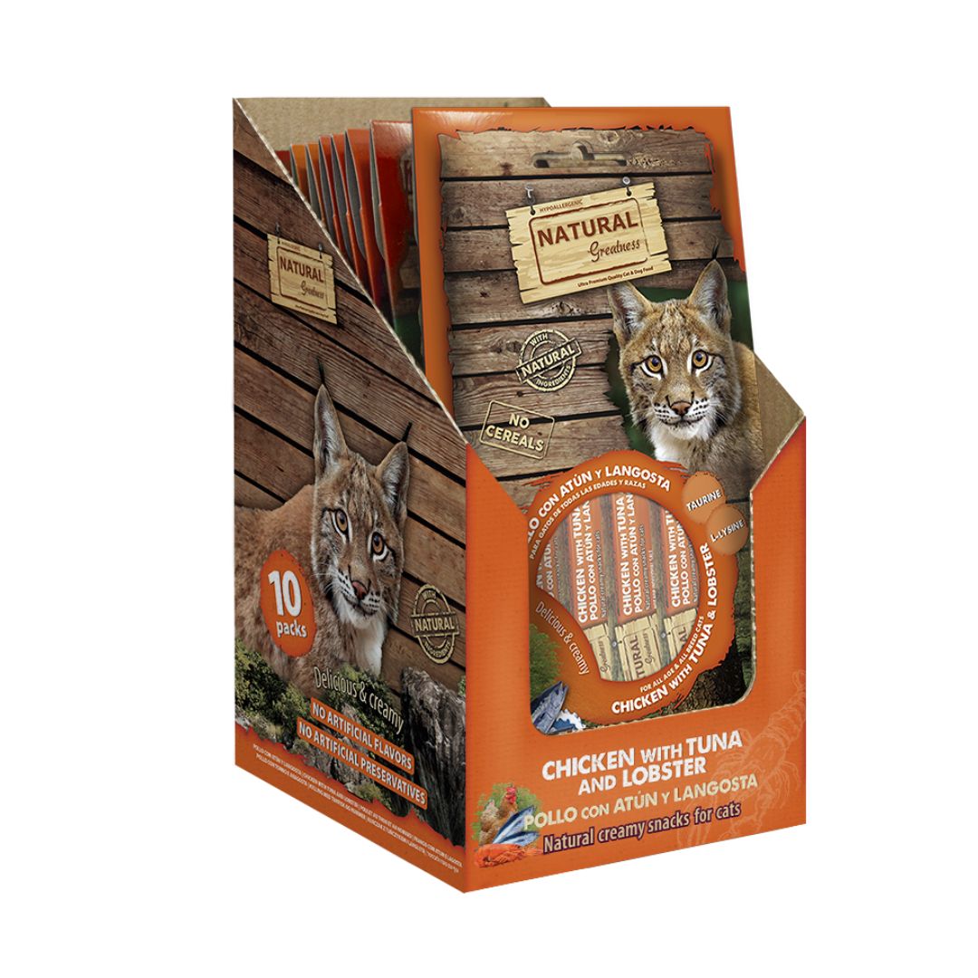 Deliciosas cremas de sabor Pollo con Atún y Langosta para gatos Natural Greatness Snack Cremoso caja de 10 unid de 56 g