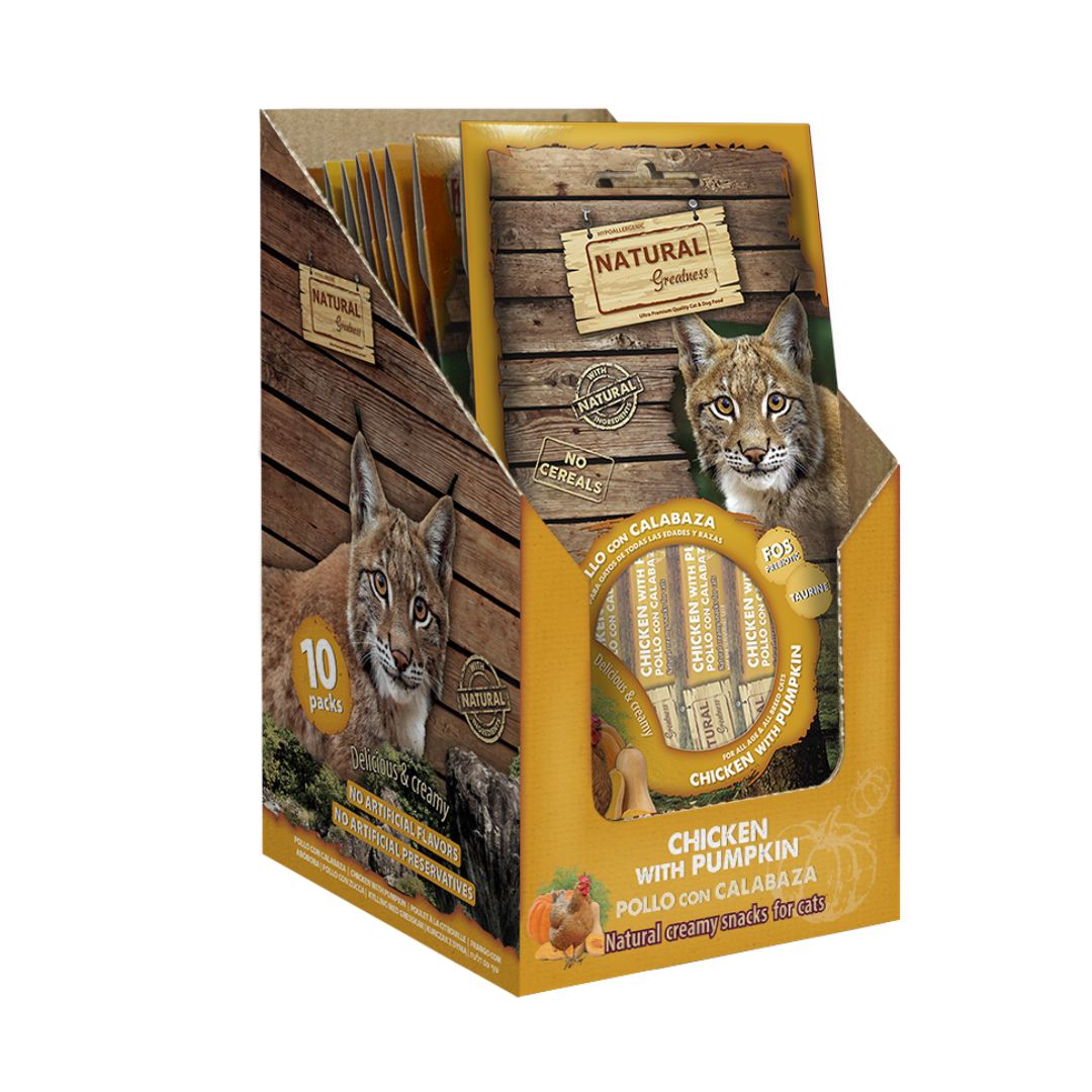 Deliciosas cremas de sabor pollo con calabaza para gatos Natural Greatness Snack Cremoso caja de 10 unid de 56 g