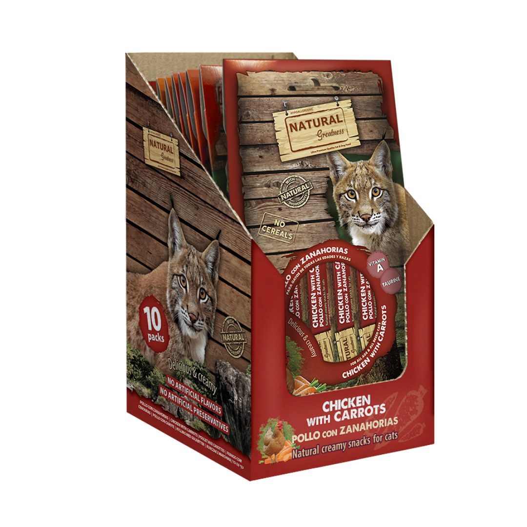 Deliciosas cremas de sabor pollo con zanahorias para gatos Natural Greatness Snack Cremoso caja de 10 unid de 56 g