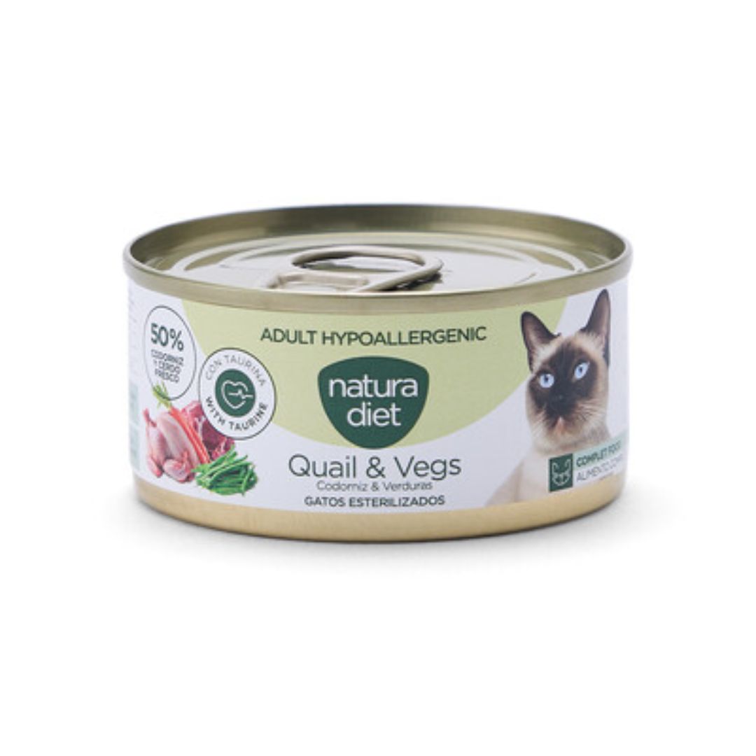 natura-diet-cat-adult-hypoallergenic-húmedo-quail-vegs-85gr Alimento húmedo completo para gatos adultos y senior Natura Diet Paté Hypoallergenic Quail & Vegs Grain Free